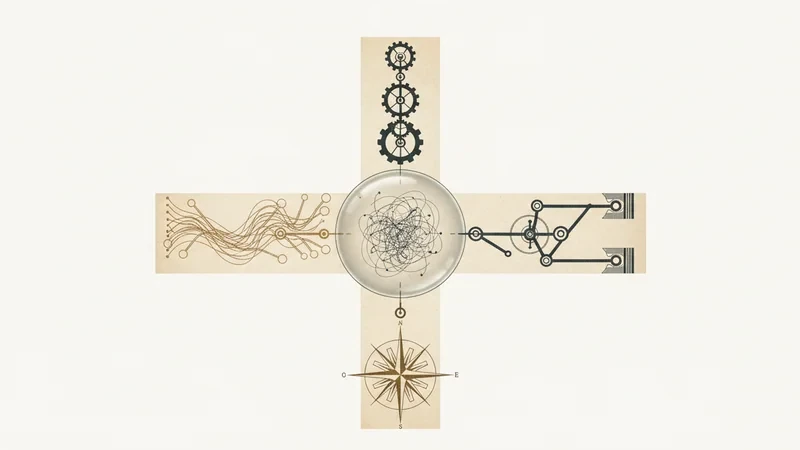 Four orthogonal explanatory angles converging on a single abstract object, illustrating Aristotle's four-cause grammar