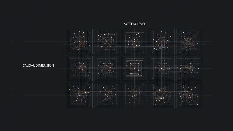 A 4×4 grid of interconnected cells crossing four causal dimensions with four system levels