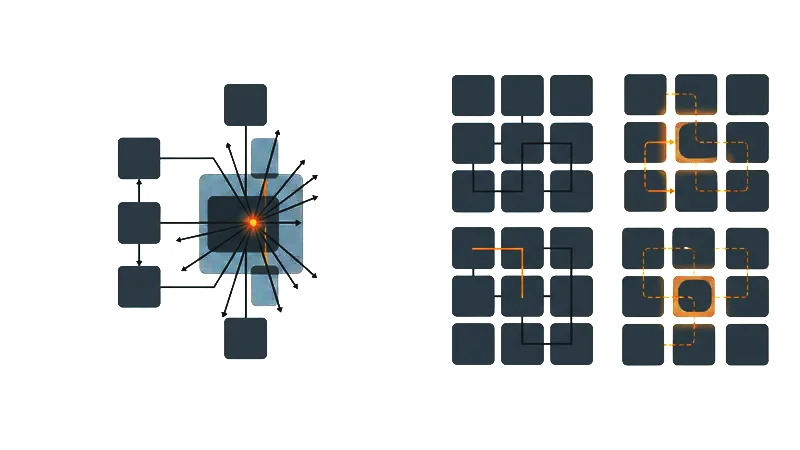 Three classes of relation between matrix cells: emergent properties, cross-level dependency chains, and operational versus adaptive modes